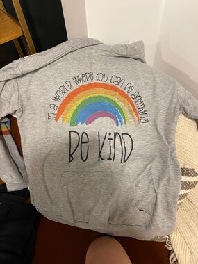 Kids Grey Hooded Sweatshirt with Rainbow "Be Kind" Graphic